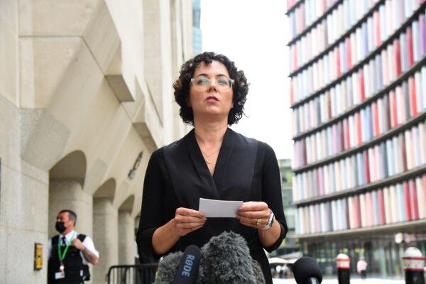 Carolyn Oakley, Crown Prosecution Service specialist prosecutor in the Special Crime Division, speaking outside the Old Bailey in central London, on July 9, 2021. (Ian West/PA)