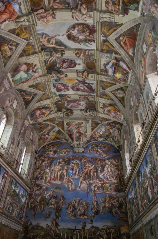 Sistine Chapel ceiling, from 1508 until 1512 by Michelangelo. Fresco; 44.7 yards by 14.6 yards. Sistine Chapel. (Antoine Taveneaux/CC SA-BY 3.0)