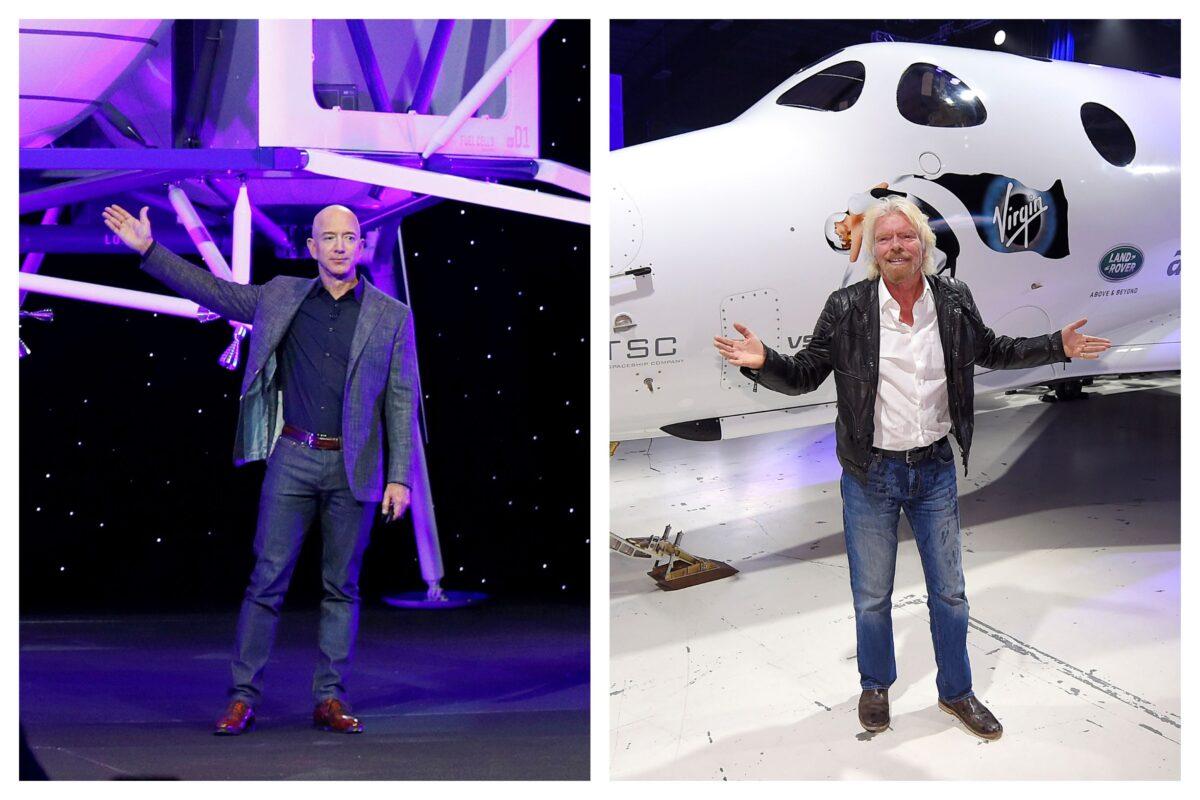 Jeff Bezos with a model of Blue Origin's Blue Moon lunar lander in Washington (L) in 2019 and Richard Branson with Virgin Galactic's SpaceShipTwo space tourism rocket in Mojave, Calif., in 2016. (Patrick Semansky, Mark J. Terrill/AP Photo)