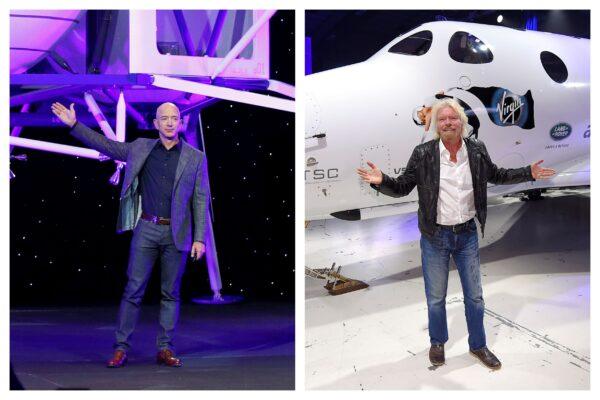 Jeff Bezos with a model of Blue Origin's Blue Moon lunar lander in Washington, left, in 2019 and Richard Branson with Virgin Galactic's SpaceShipTwo space tourism rocket in Mojave, Calif., in 2016.(Patrick Semansky, Mark J. Terrill/AP Photo)