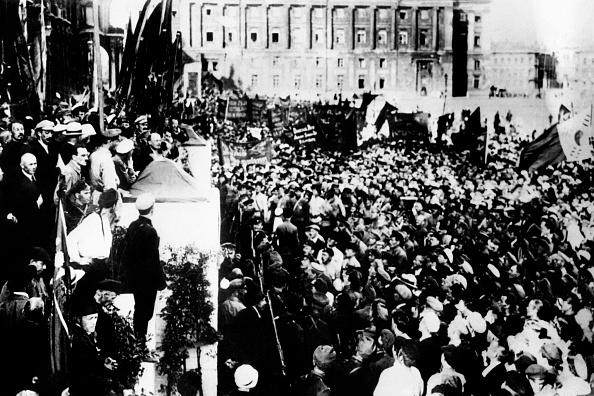 Vladimir Ilyich Ulianov (1870–1924), better known as Lenin, (top L) addresses the members of the second congress of the Third International Comintern at Uritsky Square in Petrograd, Russia, on July 19, 1920. (AFP via Getty Images)