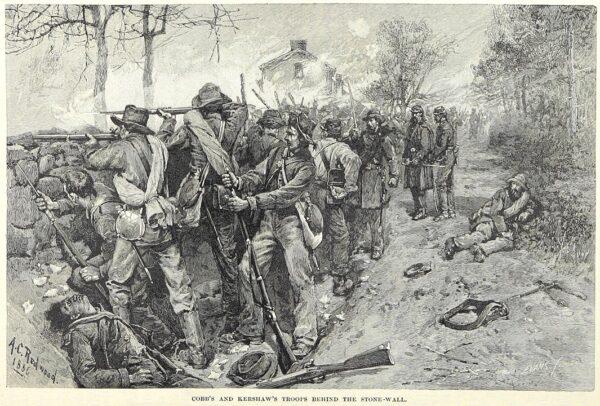 The Confederate troops behind the stone wall during the Battle of Fredericksburg. Illustration by Allen C Redwood, from the Mechanical Curator collection. (Public Domain)