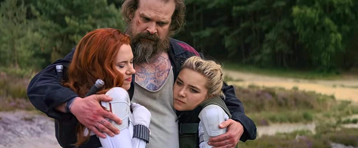 (L–R) The characters played by Scarlet Johansson, David Harbour, and Florence Pugh having a “family reunion,” in “Black Widow.” (Marvel/DisneyPlus)