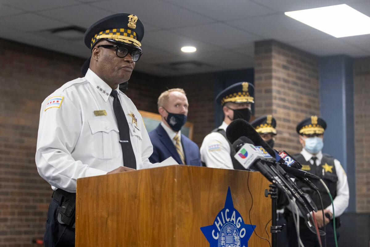 Chicago Police Department Superintendent David Brown briefs and answers questions from the media regarding the recent police shooting in West Garfield Park on July 9, 2021. (Anthony Vazquez/Sun-Times via AP)