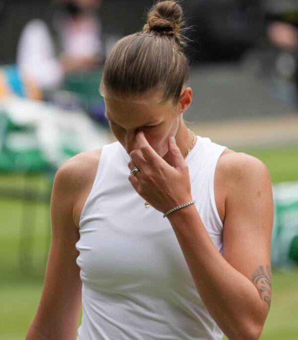 Czech Republic's Karolina Pliskova reacts after losing a point during the women's singles final match against Australia's Ashleigh Barty on day twelve of the Wimbledon Tennis Championships in London, England, on July 10, 2021. (Alberto Pezzali/AP Photo)