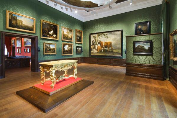 Pictured in the center is one of the many masterpieces in the Mauritshuis Collection: “The Bull,” 1647, by Paulus Potter. Potter rendered his bull in a huge scale and in minute detail. (Ronald Tilleman/Mauritshuis, The Hague)