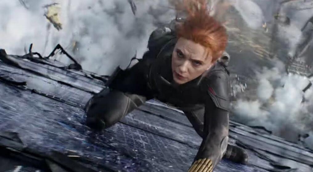 Black Widow (Scarlett Johansson) falling out of the sky, in “Black Widow.” (Marvel/DisneyPlus)