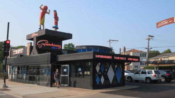 Superdawg Drive-In, with mascots Maurie and Flaurie, named for the owners, on the roof. (Kevin Revolinski)