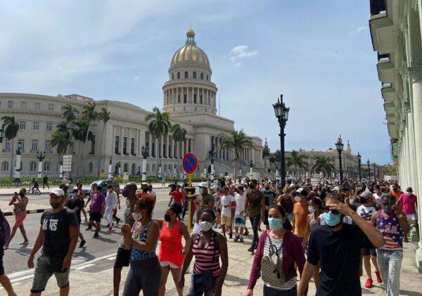 People gather during protests outside the Capitol building, in Havana, Cuba, on July 11, 2021. (Stringer/Reuters)