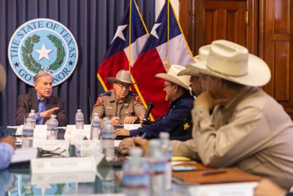 Texas Gov. Greg Abbott holds a border security briefing with sheriffs from border communities at the state Capitol in Austin, Texas, on July 10, 2021. (Courtesy of Office of the Texas Governor)