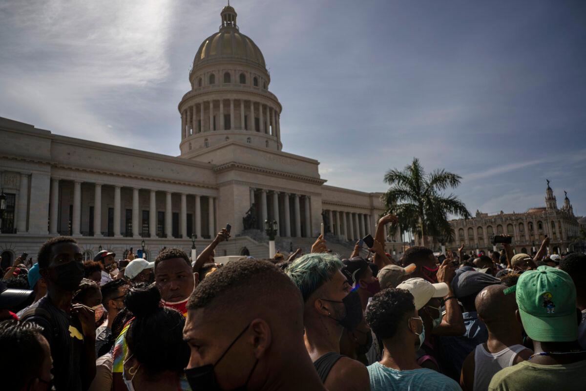 People protest in front of the Capitol in Havana on July 11, 2021. (Ramon Espinosa/AP Photo)