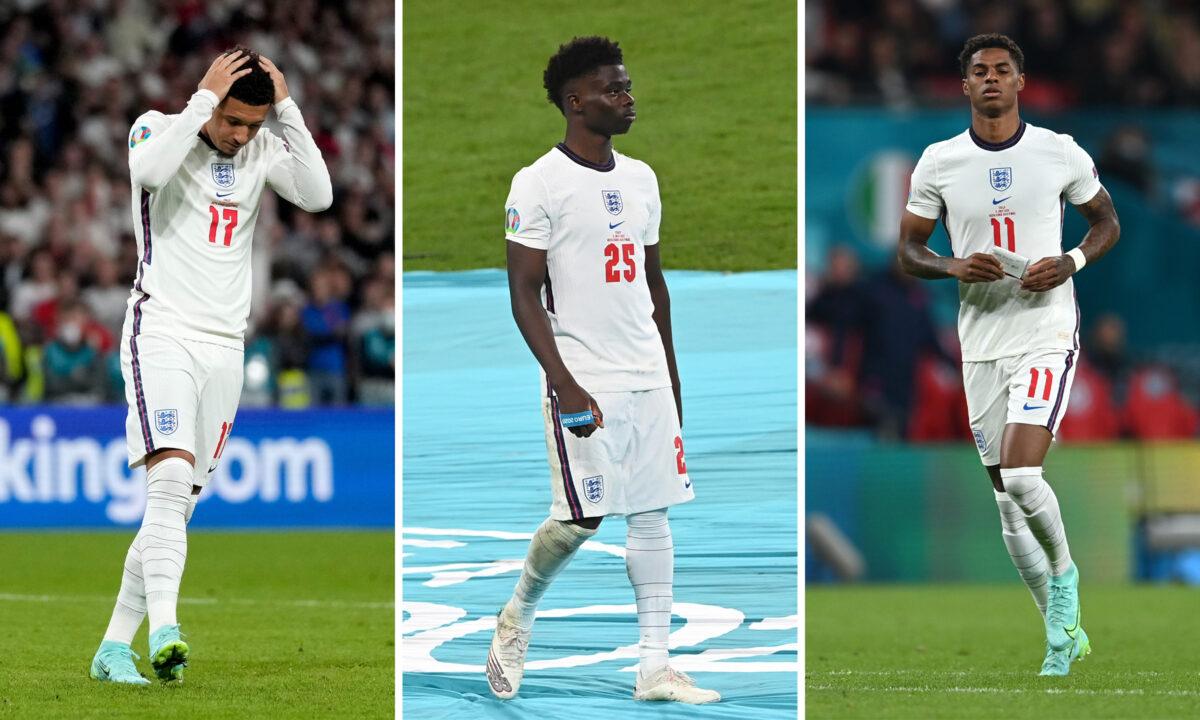 From left to right: photos of England team football players Jadon Sancho, Bukayo Saka, and Marcus Rashford during Euro 2020 final at the Wembley Stadium in London on July 11, 2021. (Frank Augstein/Pool/AFP/Getty Images) (Facundo Arrizabalaga/Pool/Getty Images) (Paul Ellis/Pool/Getty Images)