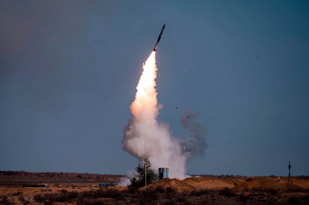 A rocket launches from an S-400 missile system at the Ashuluk military base in southern Russia on Sept. 22, 2020, during the "Caucasus-2020" military drills gathering China, Iran, Pakistan, and Myanmar troops, along with those from ex-Soviet Armenia, Azerbaijan, and Belarus. (Dimitar Dilkoff/AFP via Getty Images)