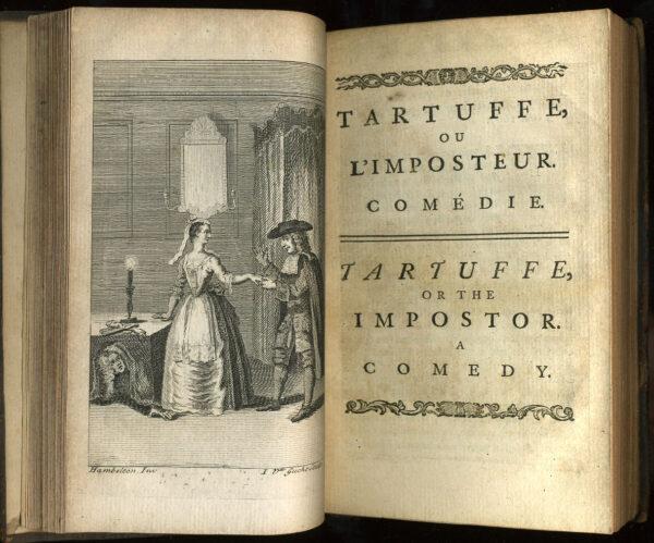 Frontispiece and title page of “Tartuffe or The Imposter” from a 1739 collected edition of his works in French and English, printed by John Watts. The engraving depicts Orgon hiding under a table at his wife Elmire’s request to prove that the “pious” Tartuffe is actually a lecherous hypocrite. Private Collection of S. Whitehead. (Public Domain)