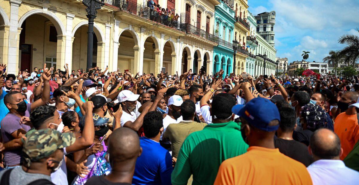 People take part in a demonstration against the regime of Cuban President Miguel Diaz-Canel in Havana, on July 11, 2021. (Yamil Lage/AFP via Getty Images)