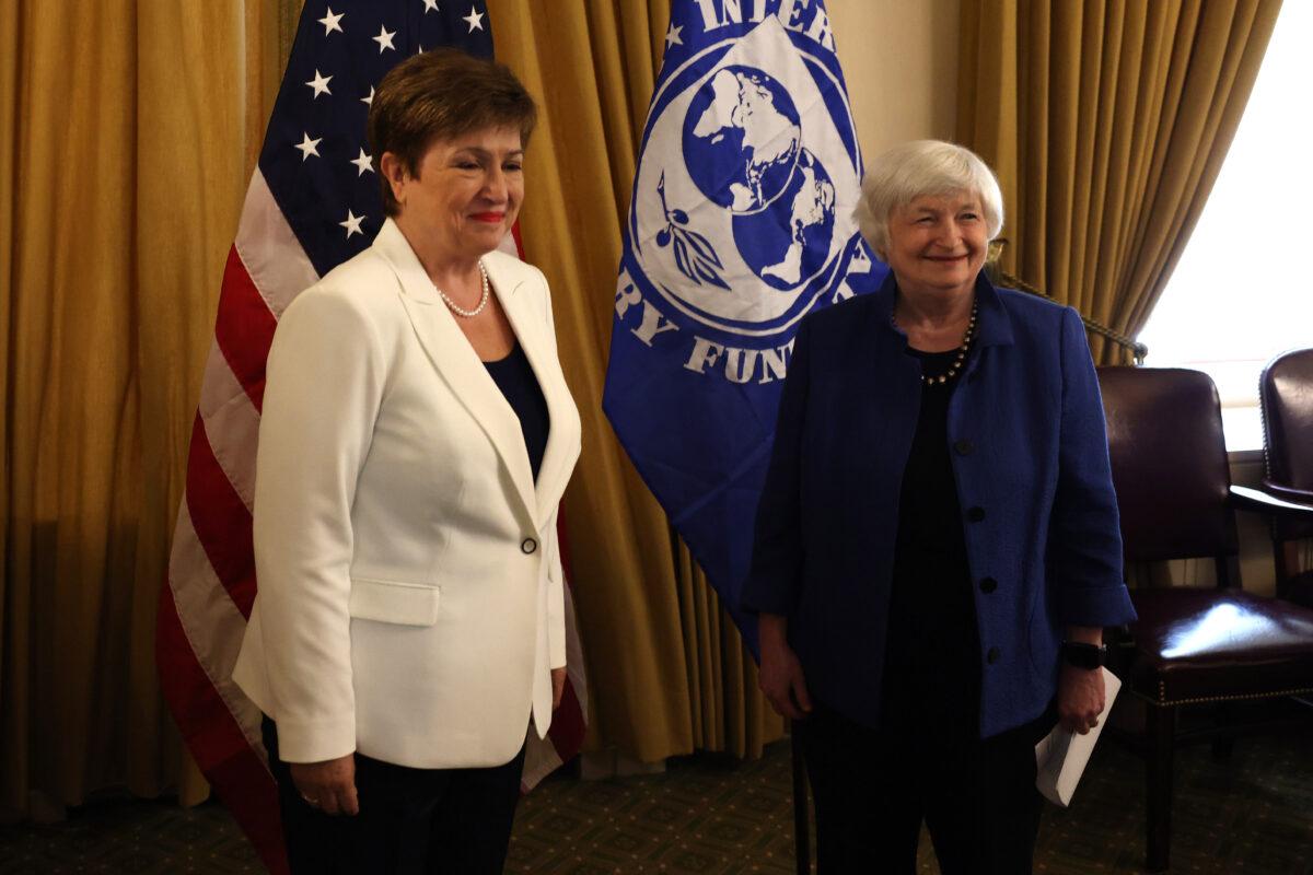 U.S. Treasury Secretary Janet Yellen (R) and managing director of the International Monetary Fund (IMF) Kristalina Georgieva (L) pose for a photo before a meeting room at the U.S. Department of the Treasury in Washington on July 1, 2021. (Anna Moneymaker/Getty Images)