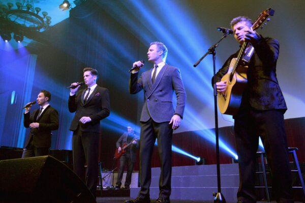 (L–R) Clifton Murray, Victor Micallef, Fraser Walters, and Remigio Pereira of The Canadian Tenors perform at Caesars Palace in Las Vegas on March 26, 2014. (Michael Buckner/Getty Images for CinemaCon)