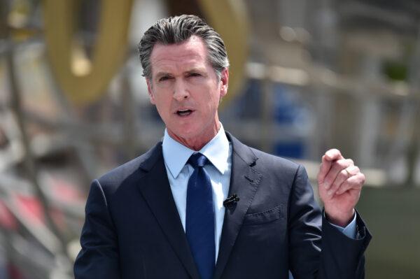 California Gov. Gavin Newsom attends a press conference for the official reopening of the state of California at Universal Studios Hollywood in Universal City, Calif., on June 15, 2021. (Alberto E. Rodriguez/Getty Images)