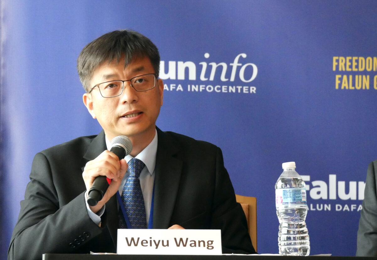 Falun Gong practitioner Wang Weiyu speaks at a panel event during the International Religious Freedom Summit in Washington on July 13, 2021. (Sherry Dong/The Epoch Times)