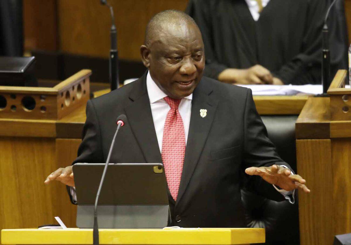 South African President Cyril Ramaphosa delivers an address in Parliament in South Africa, on Feb. 11, 2021. (Esa Alexander/Pool/AFP via Getty Images)