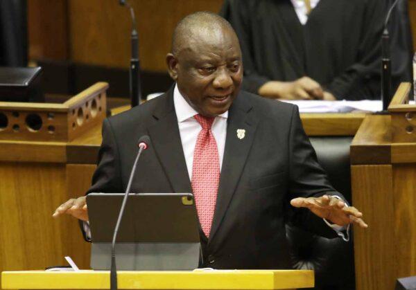 South African President Cyril Ramaphosa delivers han address in Parliament in South Africa, on Feb. 11, 2021. (Esa Alexander/Pool/AFP via Getty Images)