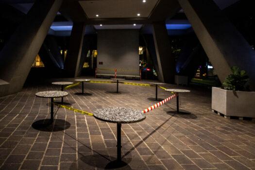 Tables taped off in Australia Square in CBD of Sydney, Australia, on July 13, 2021 (Jenny Evans/Getty Images)