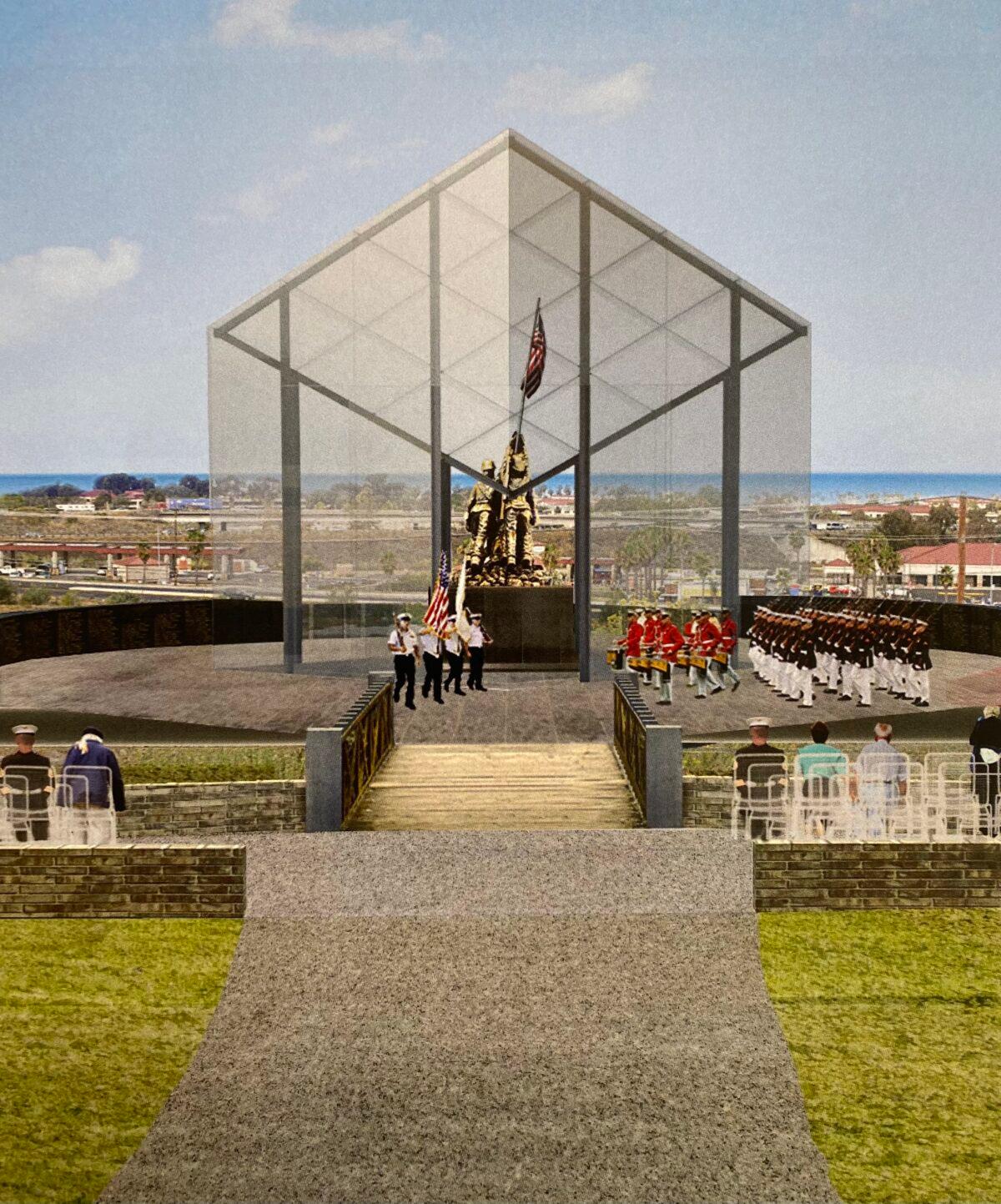 An artistic rendering of the Iwo Jima Flag Raising Memorial planned for Camp Pendleton in San Diego County, Calif. (Courtesy of Fentress Architects)