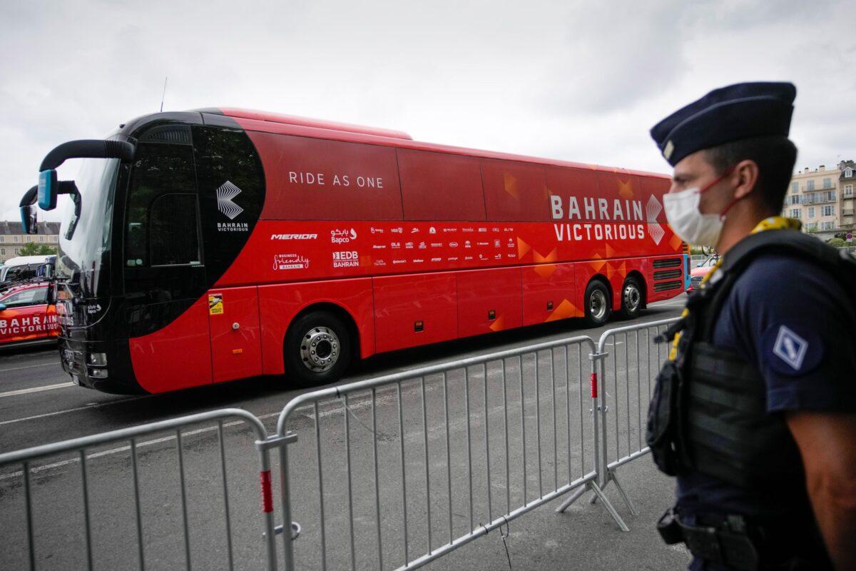 The Bahrain Victorious team bus is parked prior to the eighteenth stage of the Tour de France cycling race over 129.7 kilometers (80.6 miles) with start in Pau and finish in Luz Ardiden, France, on July 15, 2021. (Christophe Ena/AP Photo)