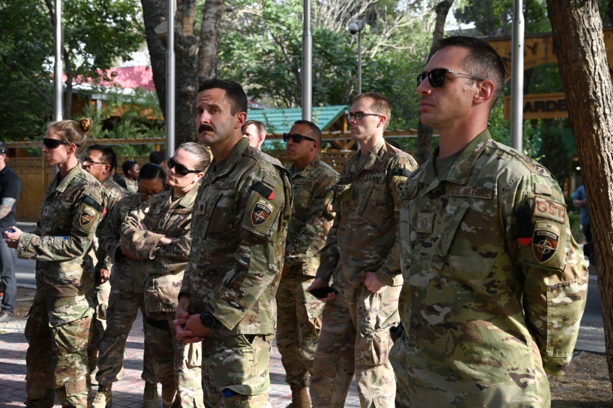 US military personnel stand during an official handover ceremony at the Resolute Support headquarters in the Green Zone in Kabul on July 12, 2021. (PWakil Kohsar/AFP via Getty Images)