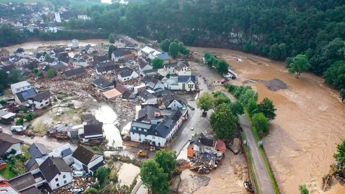 A photo, taken with a drone, shows the devastation caused by the flooding of the Ahr River in the Eifel village of Schuld, western Germany, on July 15, 2021. (Christoph Reichwein/dpa via AP)