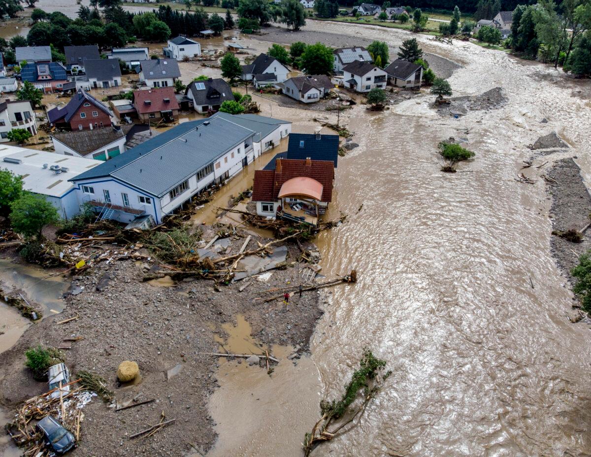 Damaged houses are seen at the Ahr river in Insul, western Germany, on July 15, 2021. (Michael Probst/AP Photo)