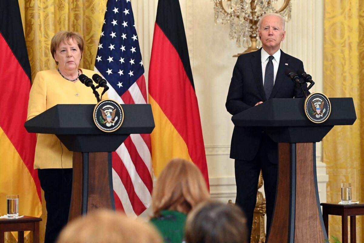 President Joe Biden and German Chancellor Angela Merkel hold a joint press conference in the East Room of the White House in Washington, on July 15, 2021. (Saul Loeb/AFP via Getty Images)