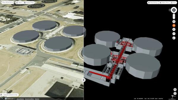 A side-by-side view of the Eastern Treatment Sewage Plant as it looks above and below ground using the Digital Twin Victoria. (Victoria Department of Environment, Land, Water and Planning)