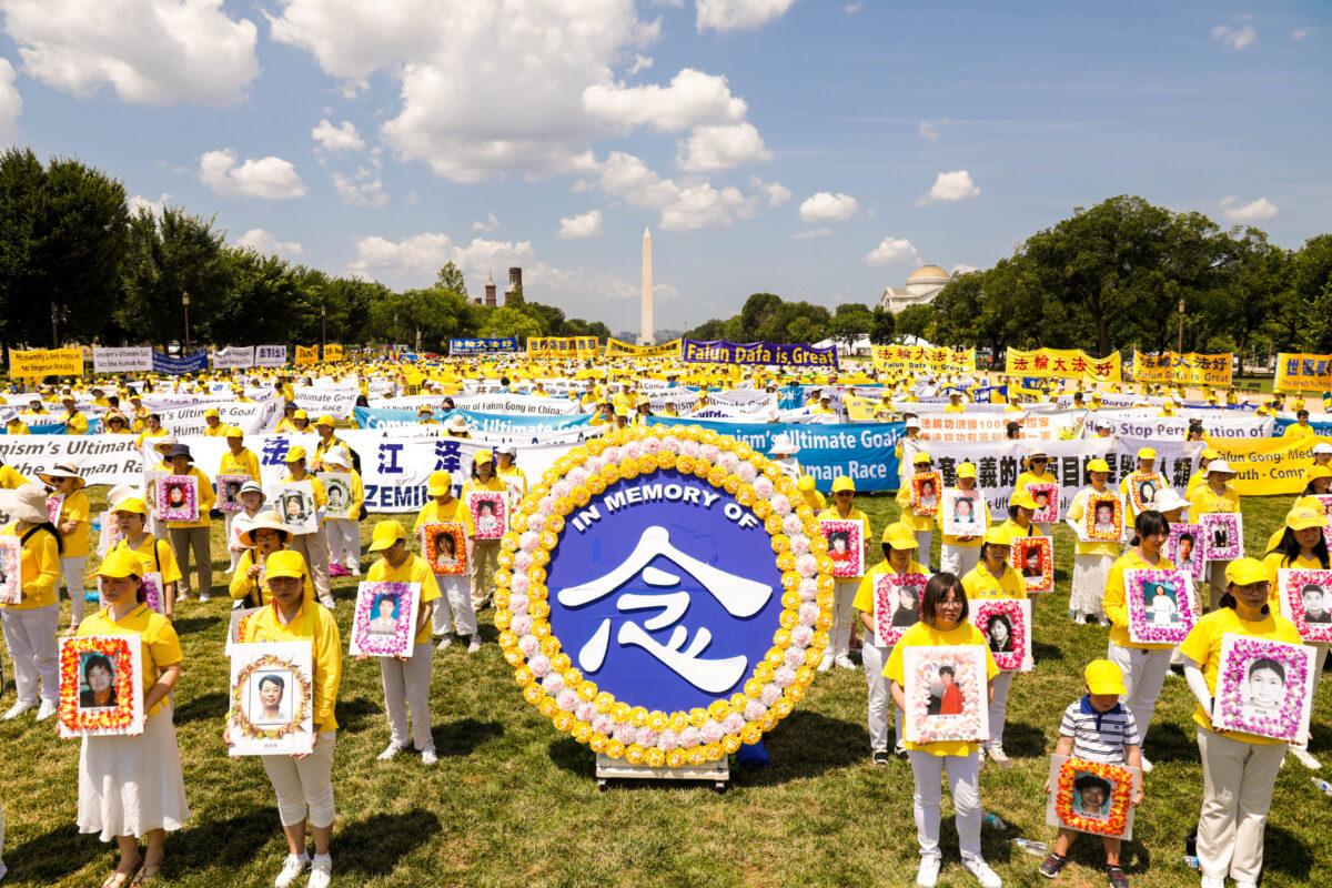 Falun Gong practitioners gather in Washington to mark the 22nd year of the persecution in China, on July 16, 2021. (Samira Bouaou/The Epoch Times)