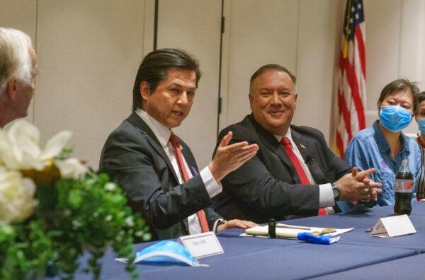 A file image of Nury Turkel, the vice chair of the U.S. Commission on International Religious Freedom, meeting with the then U.S. Secretary of State Michael Pompeo and Chinese dissidents in July 2020. (Ron Przysucha/U.S. State Department)