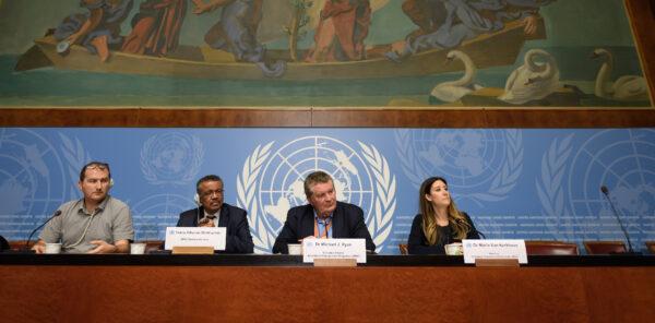 (From L) World Health Organization (WHO) spokesman Tarik Jasarevic, WHO Director-General Tedros Adhanom Ghebreyesus, WHO Health Emergencies Program head Michael Ryan, and WHO Emerging Diseases and Zoonosis head Maria Van Kerkhove attend a press briefing on the evolution of the new coronavirus epidemic in Geneva, Switzerland, on Jan. 29, 2020. (Fabrice Coffrini / AFP via Getty Images)