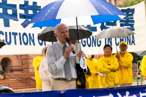 Former MPP and Toronto Councillor John Parker speaks at the rally in Queen's Park, Toronto, on July 17, 2021. (Evan Ning/The Epoch Times)