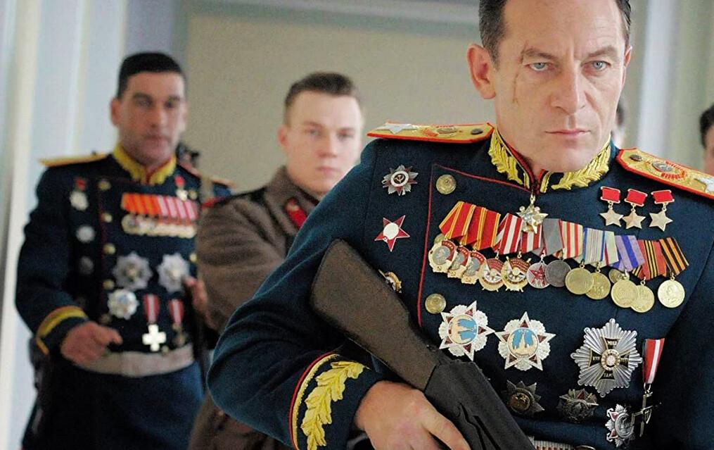 Field Marshal Zhukov, leader of the Red Army (Jason Isaacs, front with rifle), in "The Death of Stalin." (Entertainment One Films)