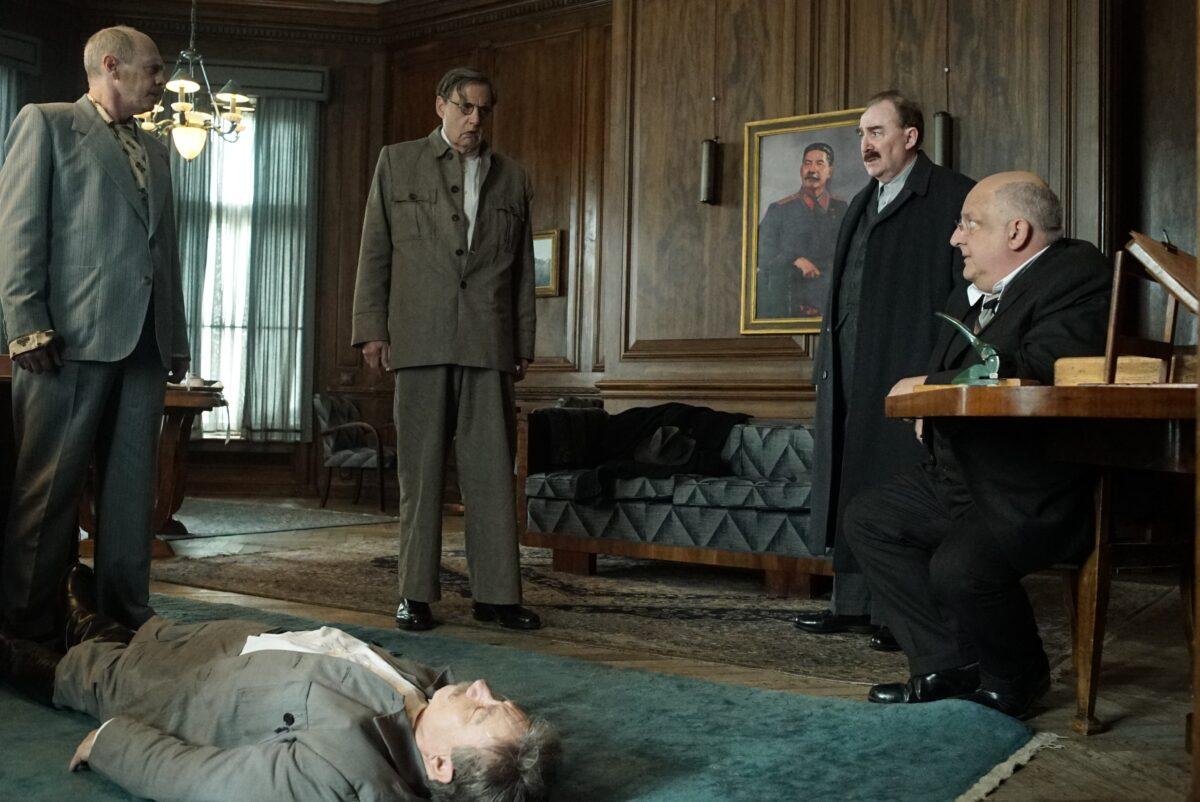(L–R) Nikita Khrushchev (Steve Buscemi), Georgy Malenkov (Jeffrey Tambor), Anastas Mikoyan (Paul Whitehouse), and Lavrentiy Beria (Simon Russell Beale) try to appear dismayed at Stalin’s apparent death, in "The Death of Stalin." (Entertainment One Films)