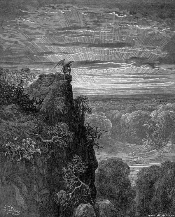 Satan overlooks all of paradise, in an illustration by Gustave Doré for "Paradise Lost."  (Public Domain)