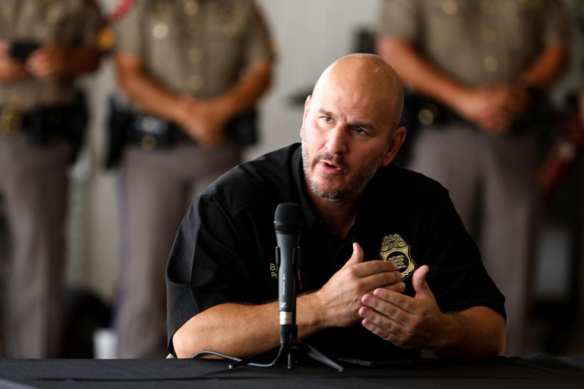 National Border Patrol Council President Brandon Judd at a border meeting in Del Rio, Texas, on July 18, 2021. (Charlotte Cuthbertson/The Epoch Times)