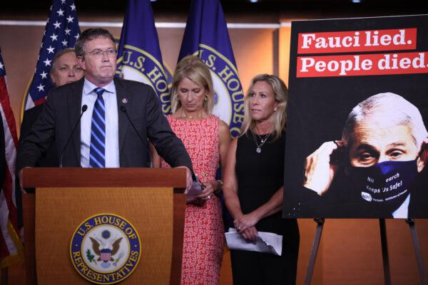 Rep. Thomas Massie (R-Ky.) speaks at a news conference on the “Fire Fauci Act” on Capitol Hill in Washington, on June 15, 2021. (Anna Moneymaker/Getty Images)