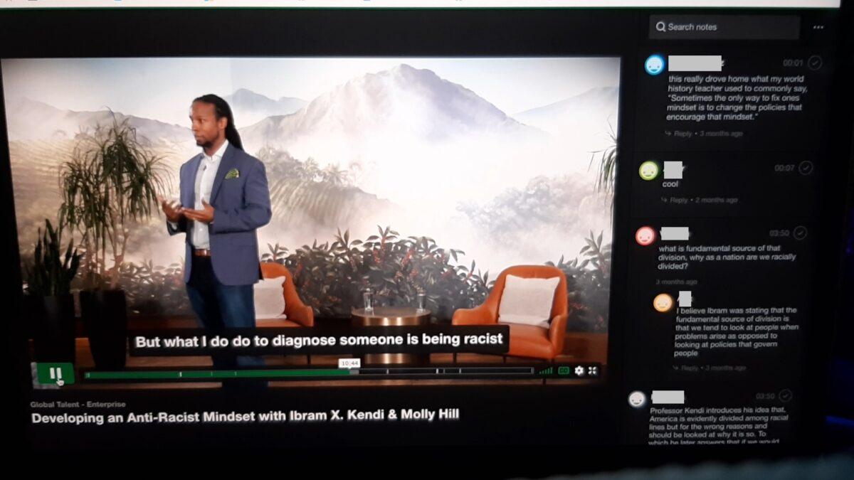 A screenshot of a Starbucks employee training video featuring a talk by prof. Ibram X. Kendi.