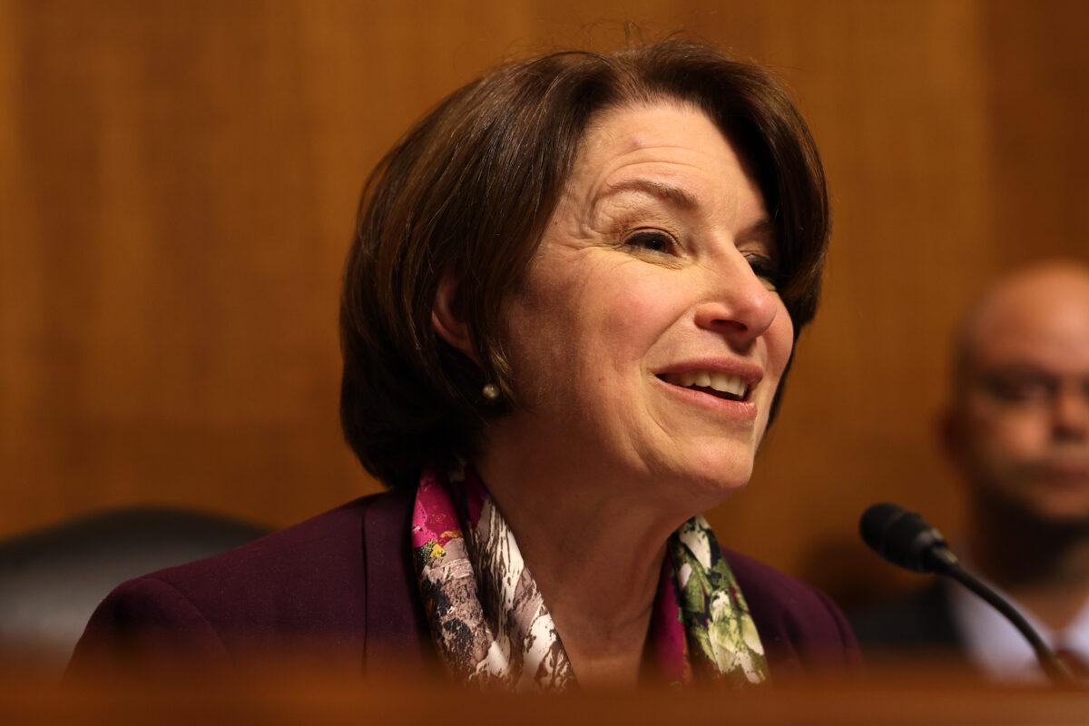 Sen. Amy Klobuchar, Chair of the Senate Rules Committee, speaks during a hearing in Washington on June 15, 2021. (Anna Moneymaker/Getty Images).
