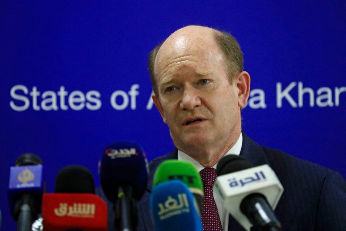 Sen. Christopher Coons (D-Del.) speaks during a press conference in the Sudanese capital Khartoum, Sudan, on May 5, 2021. (Ashraf Shazly/AFP via Getty Images)