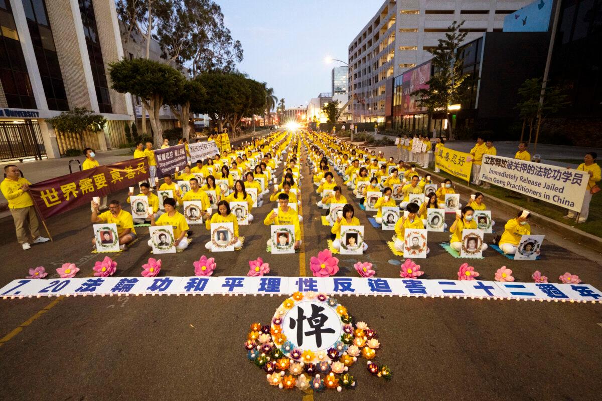 Falun Gong practitioners in a vigil commemorating the 22nd anniversary of the persecution in China, in Los Angeles, Calif., on July 18, 2021. (Courtesy of Debora Cheng)