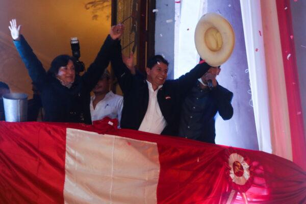 Leftist Pedro Castillo celebrates from the headquarters of the "Free Peru" party after Peru's electoral authority announced him as the winner of the presidential election on July 19, 2021. (Sebastian Castaneda/Reuters)