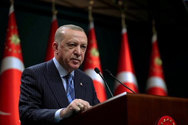 Turkish President Recep Tayyip Erdogan gives a statement after a cabinet meeting in Ankara on May 17, 2021. (Murat Cetinmuhurdar/PPO/Handout via Reuters)
