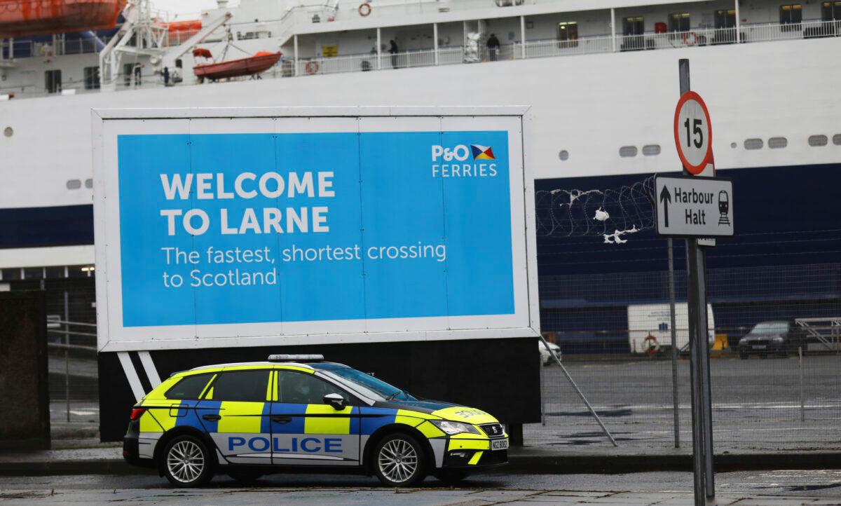 Police patrol the port of Larne, Northern Ireland, on Feb. 2, 2021. (Peter Morrison/AP Photo)
