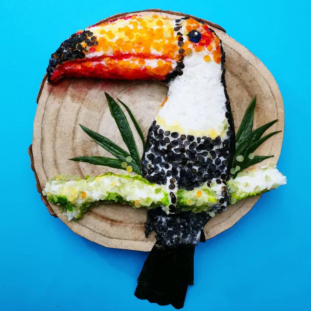 "Polka Dot Toucan": a sushi plate with rice, cucumber, nori, and little dots of mame-nori-San (soy bean paper). Serve with ginger, wasabi, and soy sauce. (Courtesy of <a href="https://www.instagram.com/demealprepper/">Jolanda Stokkermans</a>)